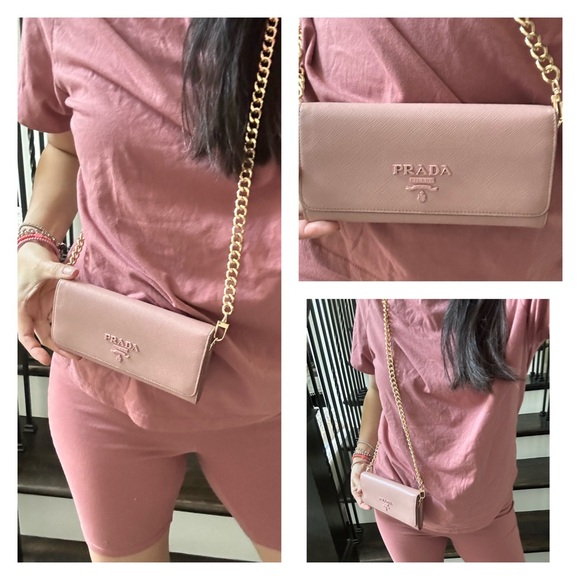 💯 PRADA Logo Plate Pale Pink Saffiano Leather Wallet on Chain w/ auth cert - Picture 12 of 13